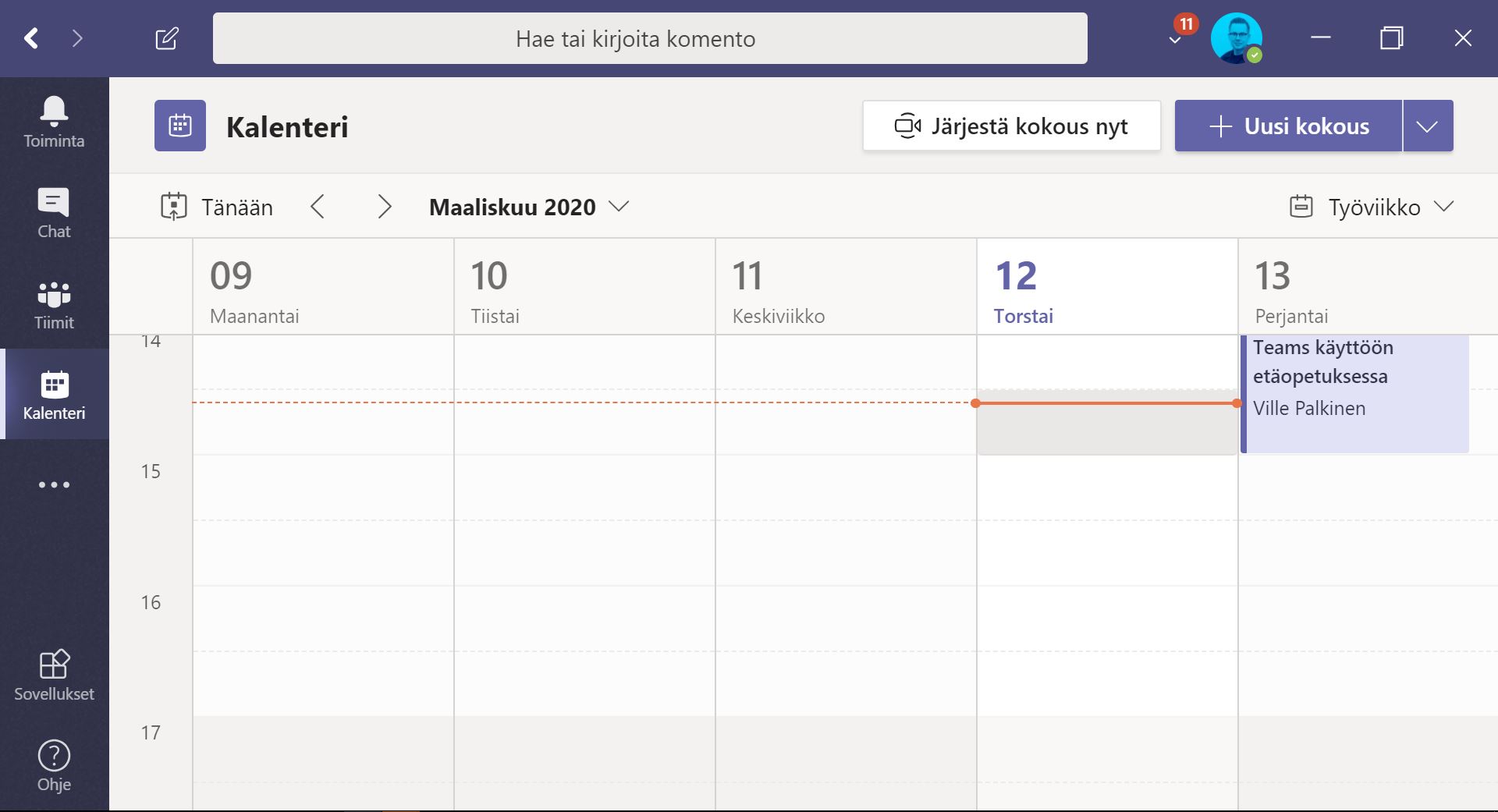 Kuvakaappaus Teamsin kalenterinäkymästä. 