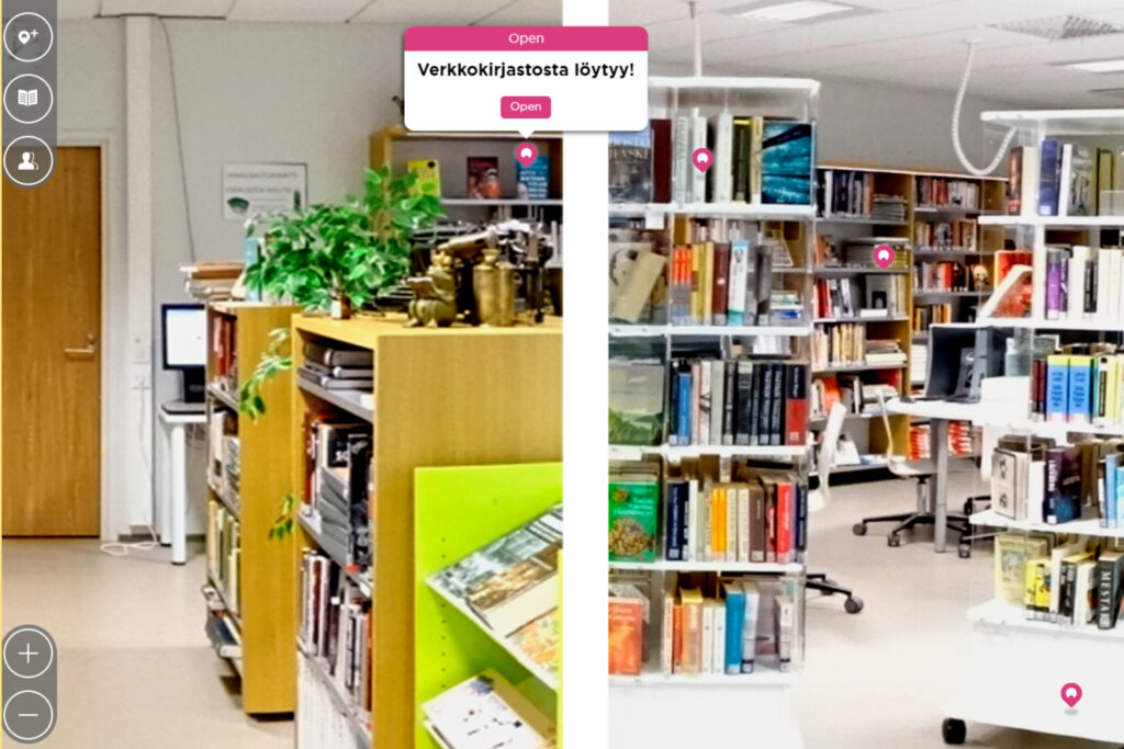 Tredun Lempäälän tietokeskus Seppo-pelialustana. Pinkkejä sijaintipainikkeita,, joissa yhdessä lukee Verkkokirjastosta löytyy.