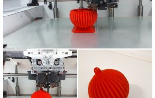 Kollaasi 3D-tulostin tulostaa punaista urapalloa.