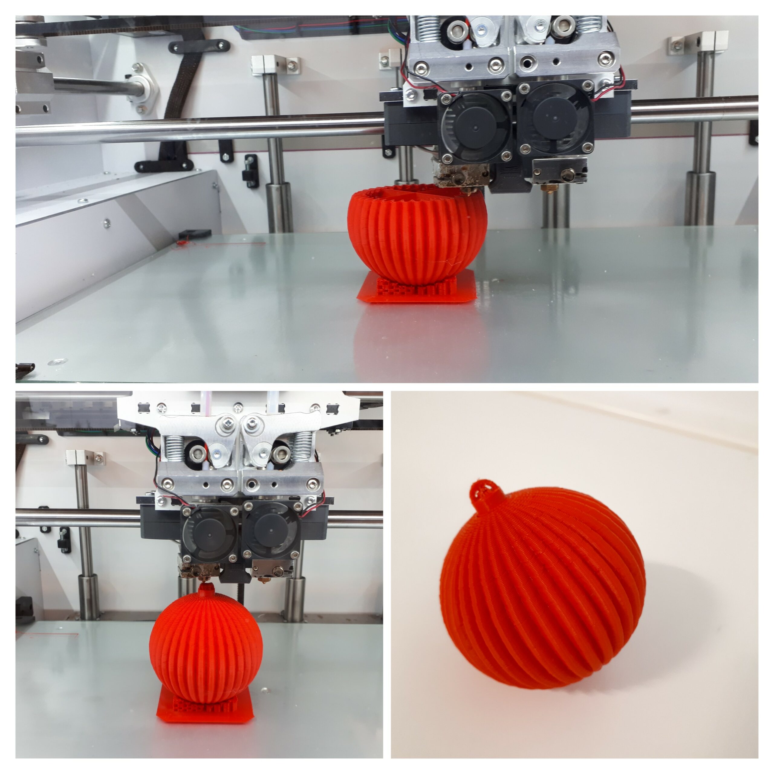 Kollaasi 3D-tulostin tulostaa punaista urapalloa.