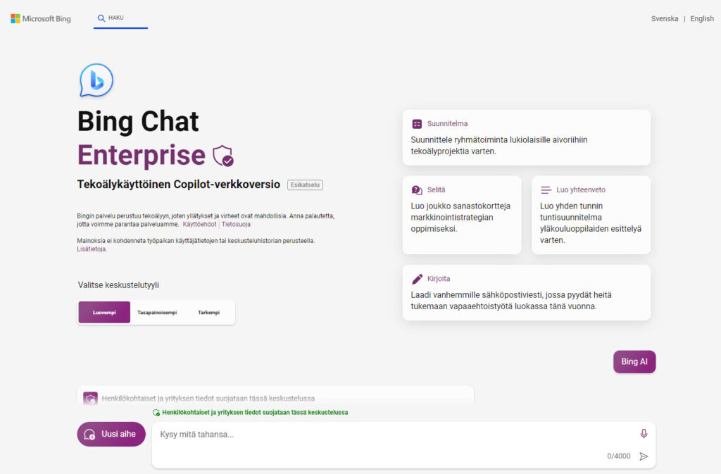 Microsoft Bing Chat Enterprisen etusivu.
