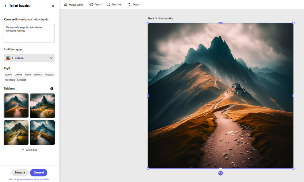 Adobe Expressin generatiivinen tekoäly ja Teksti kuvaksi-toiminto.