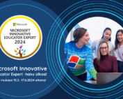 Mainos Microsoft Innovative Educator Expert 2024 -ohjelmalle. Kuvassa on neljä henkilöä, jotka näyttävät tekevän yhteistyötä, yksi heistä käyttää kannettavaa tietokonetta. Kuvassa on sininen graafinen elementti, joka ympäröi ihmisiä ja ulottuu kuvan reunoille. Ohjelmaan voi hakea 15. toukokuuta - 17. kesäkuuta 2024 välisenä aikana.