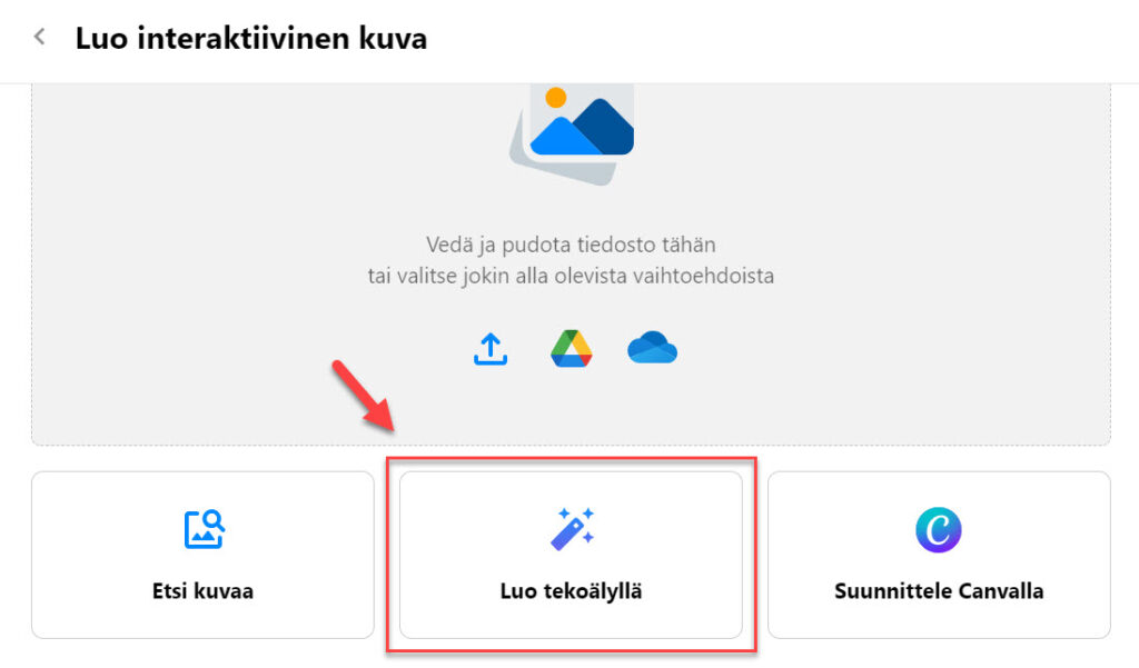 Punainen nuoli osoittaa Thinglinkin Luo kuva tekoälyllä-valikkoa.