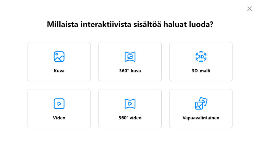 Thinglinkin näkymä, jossa valitaan millaista interaktiivista sisältöä haluaa luoda. Vaihtoehtoina kuva, 360-kuva, 3D-malli, video, 360-video ja vapaavalintainen.