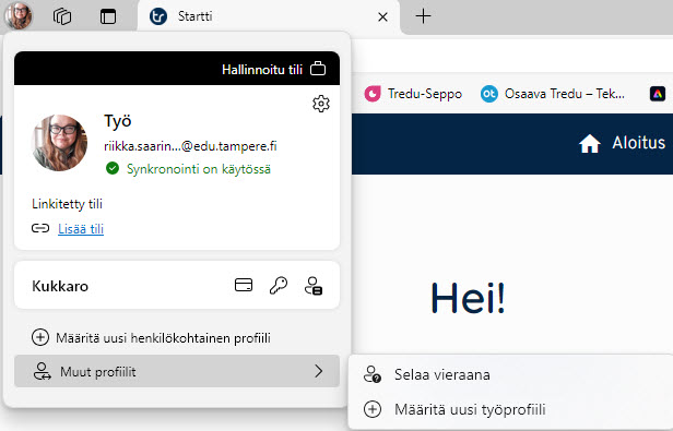 Edge-selaimem vasemmassa ylänurkassa on profiilit-kohta jossa voit lisätä selaimeen työprofiileja.