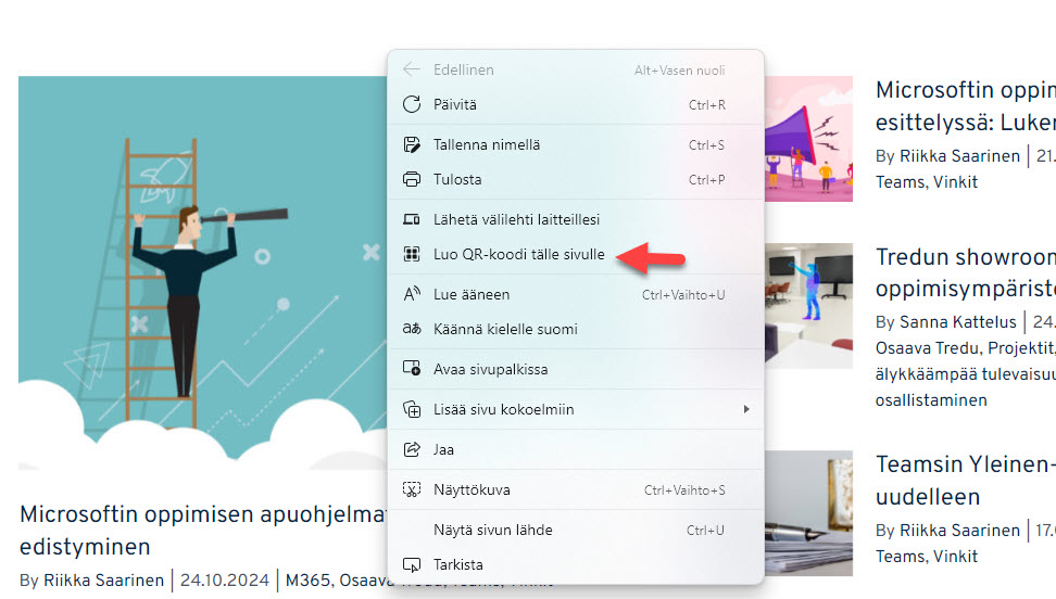 Osaava Tredun nettisivu jEdge-selaimessa a hiiren kakkospainikkeella klikattu valikko. Punainen nuoli osoittaa Luo QR-koodi tälle sivulle.