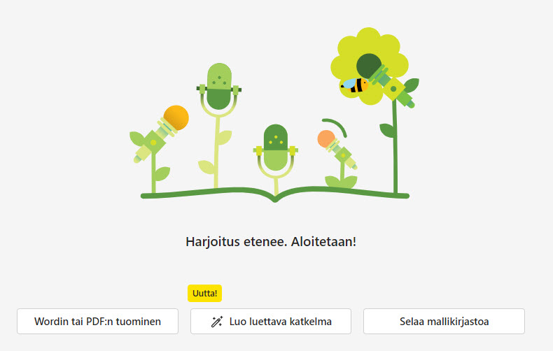 Lukemisen edistämisen tehtävään voit tuoda oman tekstin Word-, tai Pdf-tiedostona, luoda oman tekstin tekoälyn avulla tai selata mallikirjastoa.