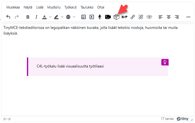 Näkymä TinyMCE-editorista, jossa punainen nuoli osoittaa C4L-toimintoa.
