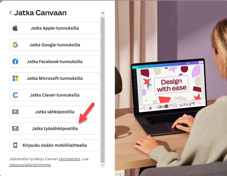 Näkymä Canvan kirjautumisvalikosta. Canvaan kirjaudutaan Tredussa ja lukioissa "Jatka työsähköpostilla"-kodasta.