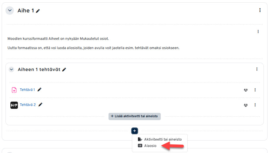 Moodlen muokkaustila päällä ja punainen nuoli osoittaa alaosio-kohtaa.
