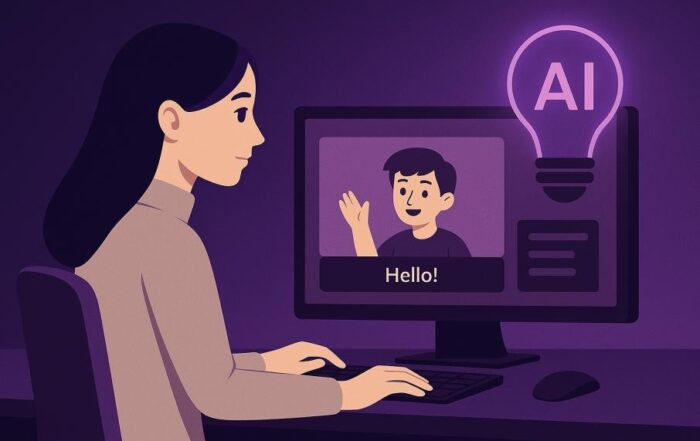 Tekoälyllä luotu piirros, jossa henkilö istuu pöydän ääressä tietokoneen edessä. Näytöllä näkyy toinen henkilö, joka heiluttaa kättään ja ruudulla on teksti “Hello!”. Näytön vieressä on suuri hehkulampun kuvake, jonka sisällä lukee “AI”. Taustaväri on violetti ja kokonaisuus viittaa tekoälyyn ja etäviestintään.