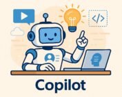 Tekoälyllä luotu piirretty robotti tietokoneen ääressä.