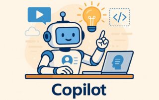 Tekoälyllä luotu piirretty robotti tietokoneen ääressä.