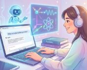 Futuristinen ja iloinen kuvitus, jossa naisopiskelija käyttää kannettavaa tietokonetta ja saa opastusta fysiikan tehtäviin ystävälliseltä virtuaaliagentilta.