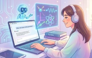 Futuristinen ja iloinen kuvitus, jossa naisopiskelija käyttää kannettavaa tietokonetta ja saa opastusta fysiikan tehtäviin ystävälliseltä virtuaaliagentilta.