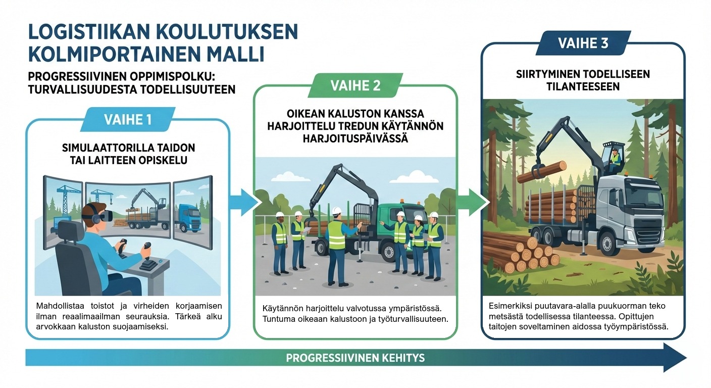 Kolmivaiheinen logistiikan oppimismalli: simulaattorista harjoitteluun ja todelliseen työtilanteeseen.