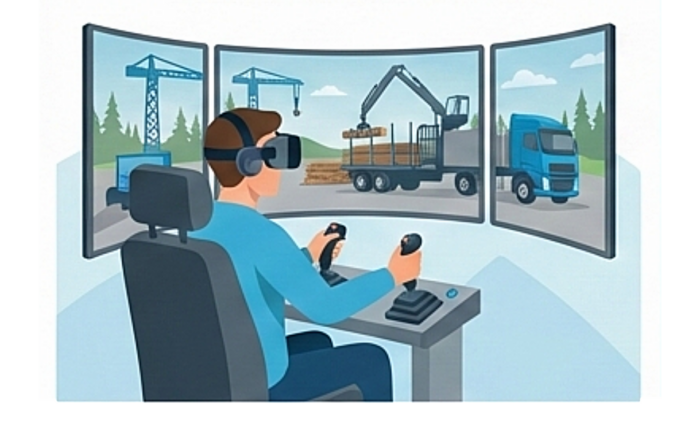 Henkilö harjoittelee kuorma-auton käyttöä simulaattorilla, jossa on kolme näyttöä ja ohjaimet.