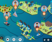 Piirroskuva saarista, joilla on rakennuksia, ihmisiä ja veneitä. Saaria yhdistävät pisteviivat, ja niiden yläpuolella on kuvakkeita, joissa näkyy henkilöitä.