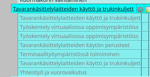 Lista logistiikan opintokokonaisuuksista, korostettuna “Tavarankäsittelylaitteiden käyttö ja trukinkuljetus