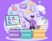 Opettaja lajittelee viestejä laatikoihin Lähitiimi, Kollegat ja Opiskelijat iloisessa, violetissa digimaisemassa.