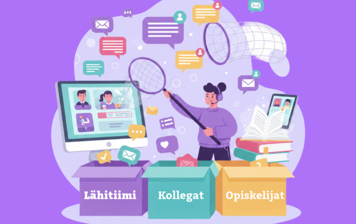 Opettaja lajittelee viestejä laatikoihin Lähitiimi, Kollegat ja Opiskelijat iloisessa, violetissa digimaisemassa.