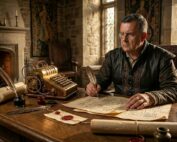 Keskiaikatyylinen sisustus, henkilö laatii asiakirjoja sulkakynällä takkatulen äärellä.