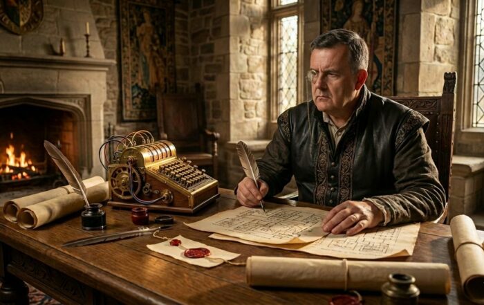 Keskiaikatyylinen sisustus, henkilö laatii asiakirjoja sulkakynällä takkatulen äärellä.