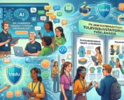 Kuvitettu messutila, jossa opettajat keskustelevat tekoälystä ja tulevaisuustaidoista näyttöjen ja tablettien äärellä.