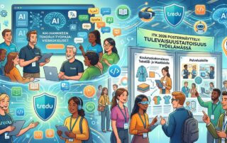 Kuvitettu messutila, jossa opettajat keskustelevat tekoälystä ja tulevaisuustaidoista näyttöjen ja tablettien äärellä.