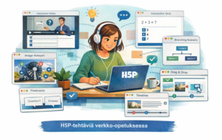 H5P-tehtäviä verkko-opetuksessa, useita interaktiivisia sisältötyyppejä esillä.