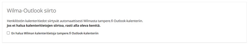 Wilma–Outlook-siirtoasetus, jossa voi estää kalenteritietojen siirron Outlookiin.
