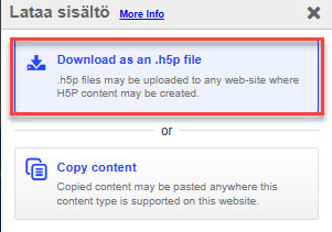 Lataa sisältö -näkymä, korostettuna “Download as an .h5p file”.