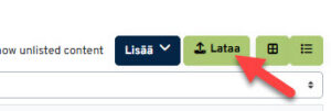 Sisältöpankin näkymä Moodlessa, nuoli osoittaa Lataa-toimintoa.