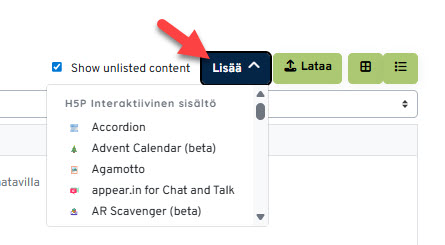 Nuoli korostaa Lisää-valikkoa, jossa H5P Interaktiivinen sisältö valittavissa
