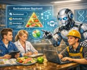 Ammattiin opiskelevat oppivat ravitsemusta tekoälyn tukemana, taustalla teksti Ravitsemuksen oppitunti.