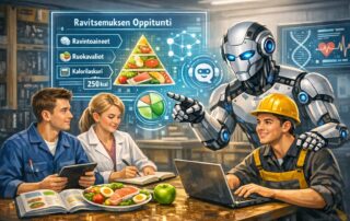 Ammattiin opiskelevat oppivat ravitsemusta tekoälyn tukemana, taustalla teksti Ravitsemuksen oppitunti.