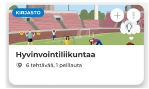Hyvinvointiliikuntaa‑peli, jossa on 6 tehtävää ja yksi pelilauta, liikkuvia hahmoja kentällä.