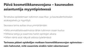 Thinglinkin testitagi: “Päivä kosmetiikkaneuvojana – kauneuden asiantuntija myyntipisteessä”, esittely ja tavoitteet