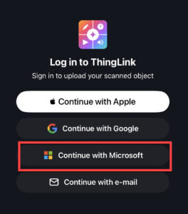 Kirjautuminen ThingLinkiin, Microsoft-vaihtoehto korostettu punaisella kehyksellä.