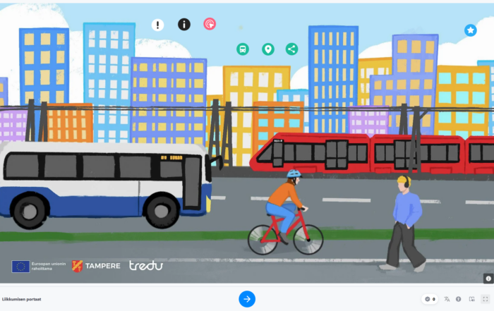 Kaupunkiliikenne: bussi, ratikka, pyöräilijä ja jalankulkija, tekstit EU Tampere Tredu.