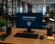 Työasema avotoimistossa, näytöllä teksti ”TIETOTURVA – Pienet teot, suuri vaikutus.