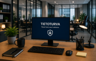 Työasema avotoimistossa, näytöllä teksti ”TIETOTURVA – Pienet teot, suuri vaikutus.