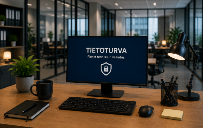 Työasema avotoimistossa, näytöllä teksti ”TIETOTURVA – Pienet teot, suuri vaikutus.