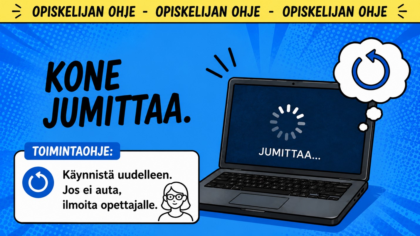 Jos tietokone jumittaa, käynnistä kone uudelleen. Jos ei auta niin ilmoita opettajalle.