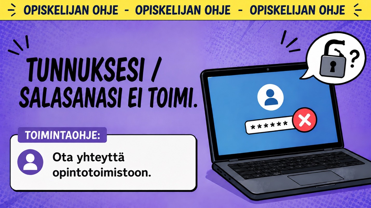 Opiskelijan ohje: jos tunnus tai salasana ei toimi, ota yhteyttä opintotoimistoon.